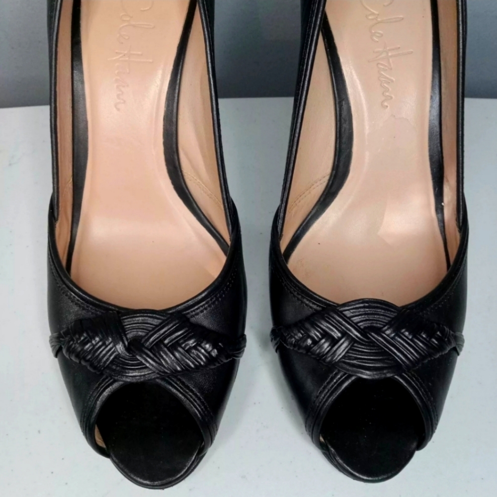 Black leather Cole Haan Adelaide Peep Toe heels